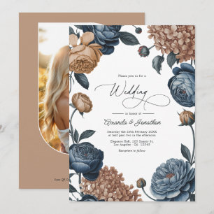 Invitation Mariage Floral Aquarelle Bleu Poussiéreux et Taupe