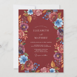 Invitation Mariage Floral Aquarelle Bleu Rouge Profond