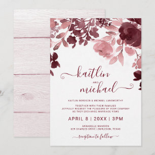 Invitation Mariage Floral Aquarelle - Bordeaux & Rose