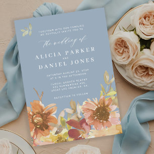 Invitation Mariage floral aquarelle botanique bleu poussiéreu