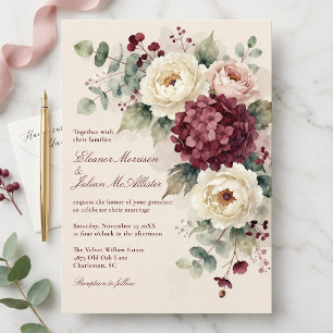 Invitation Mariage Floral Aquarelle Bourgogne Rose
