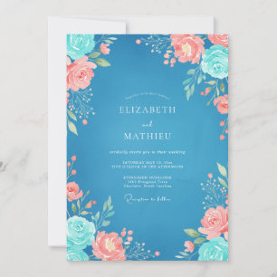Invitation Mariage Floral Aquarelle Corail Azur