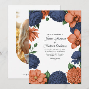 Invitation Mariage floral aquarelle corail et bleu marine