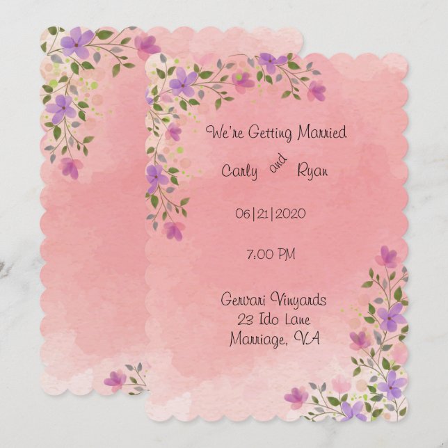 Invitation Mariage floral aquarelle élégant rose (Devant / Derrière)