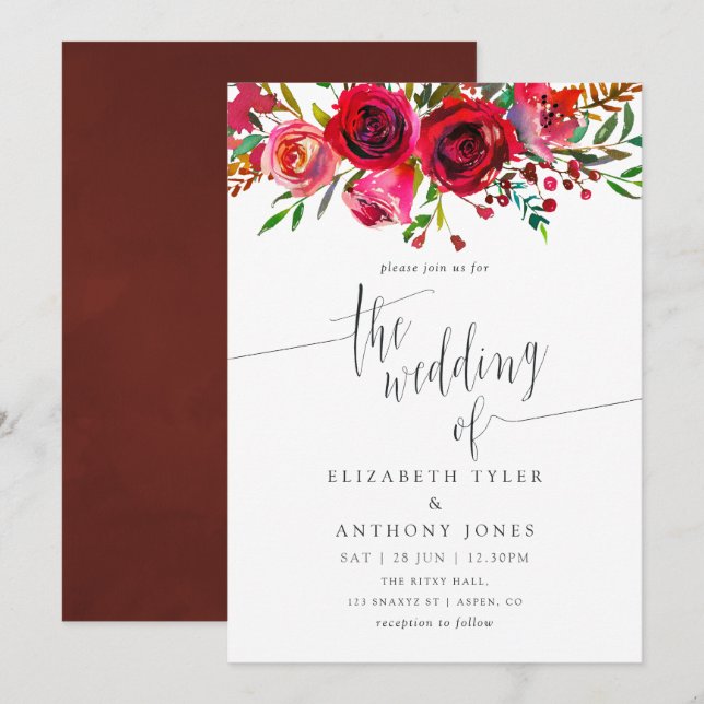 Invitation Mariage floral aquarelle en Bourgogne - Marsala (Devant / Derrière)