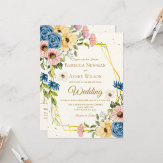 Invitation Mariage Floral Aquarelle Géométrique