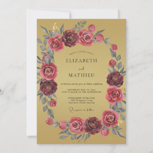 Invitation Mariage Floral Aquarelle Magenta Or