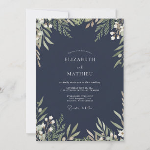Invitation Mariage Floral Aquarelle Navy Evergreen