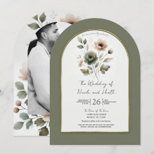 Invitation Mariage Floral Aquarelle Olive Poussiéreuse Et Or