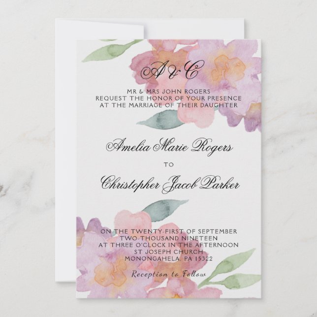 Invitation Mariage Floral Aquarelle Romantique (Devant)