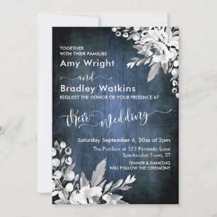 Invitation Mariage Floral Aquarelle Rustique Bleu Grunge