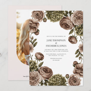 Invitation Mariage floral aquarelle taupe et vert olive