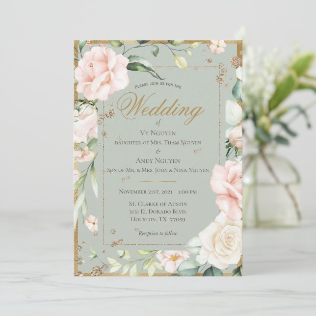 Invitation Mariage Floral Aquarelle Vert Élégant Rose (Debout devant)