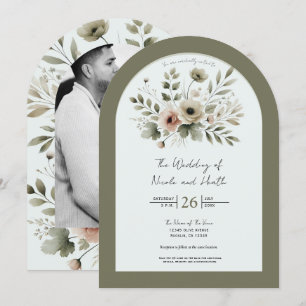 Invitation Mariage floral aquarelle vert olive kaki