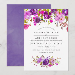 Invitation Mariage floral aquarelle violet et pourpre