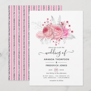 Invitation Mariage floral argent et rose avec papier métallis