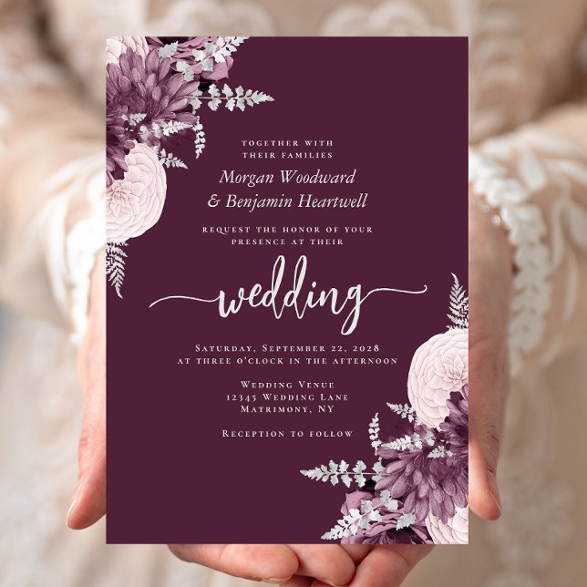 Invitation Mariage Floral Argent Mauve (Créateur téléchargé)