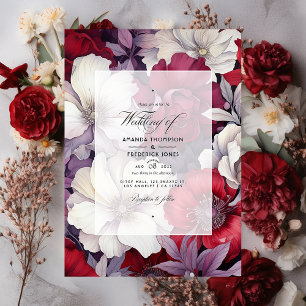 Invitation Mariage floral argenté, blanc et rouge profond