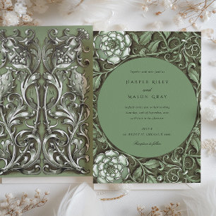 Invitation Mariage floral Art Nouveau vert Muet
