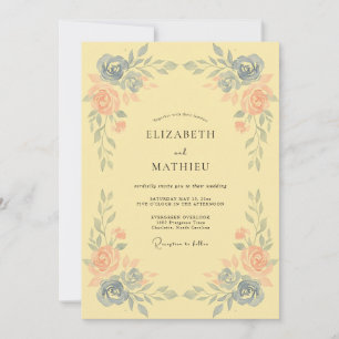 Invitation Mariage Floral Artistique Bleu Pêche
