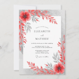 Invitation Mariage Floral Artistique Gris Rouge