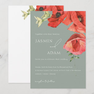 Invitation Mariage Floral au Coquelicot Rouge et Vert Sauge