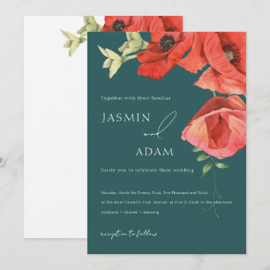 Invitation Mariage floral au pavot rouge et vert émeraude