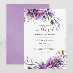 Invitation Mariage floral au pavot violet pourpre