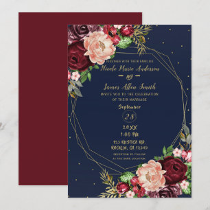 Invitation Mariage floral audacieux automnal bleu marine or e
