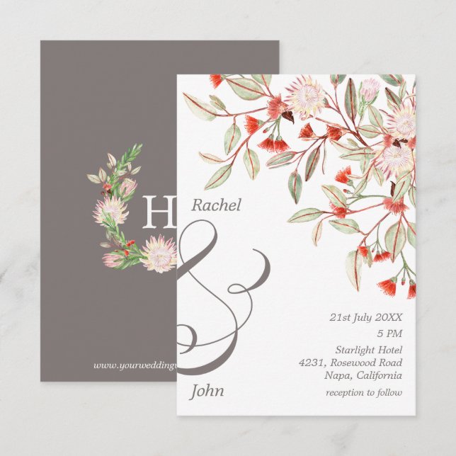 Invitation Mariage Floral Australien Gris et Blush (Devant / Derrière)