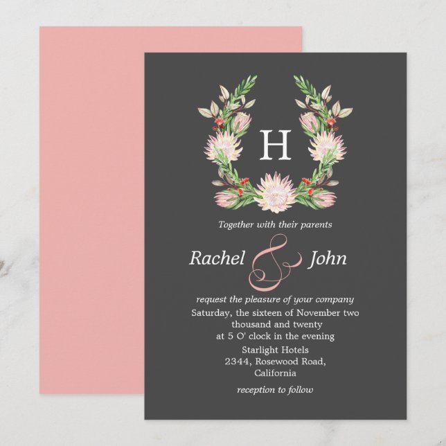 Invitation Mariage Floral Australien Gris Formel (Devant / Derrière)