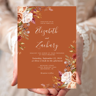 Invitation Mariage Floral Automnal à l'Aquarelle Orange Brûlé