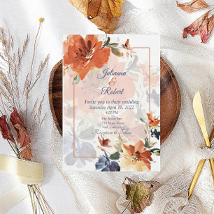 Invitation Mariage floral automnal à l'aquarelle orange et bl
