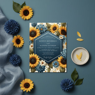 Invitation Mariage Floral Automnal Bleu Jaune