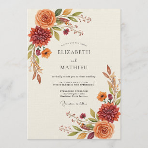 Invitation Mariage Floral Automnal Orange Brûlé