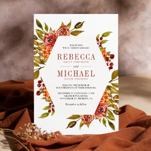 Invitation Mariage Floral Automnal Orange Brûlé Rustique