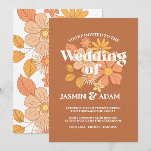 Invitation Mariage Floral Automnal Rétro Terracotta