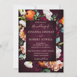 Invitation Mariage floral automnal rouge Bourgogne Orange Blu