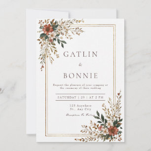 Invitation Mariage Floral Automnal Rustique Terracotta Or