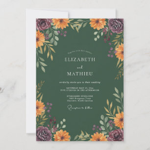 Invitation Mariage Floral Automnal Vert Forêt