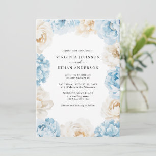 Invitation Mariage Floral aux Pivoines Champagne Bleu Poussié