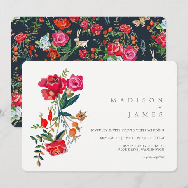 Invitation Mariage floral aux roses rouges (Devant / Derrière)