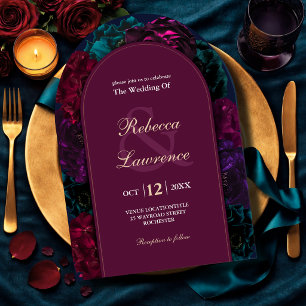 Invitation Mariage floral aux tons de joaillerie en forme d'a