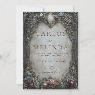 Invitation Mariage Floral Baroque Gris Étain Victorien