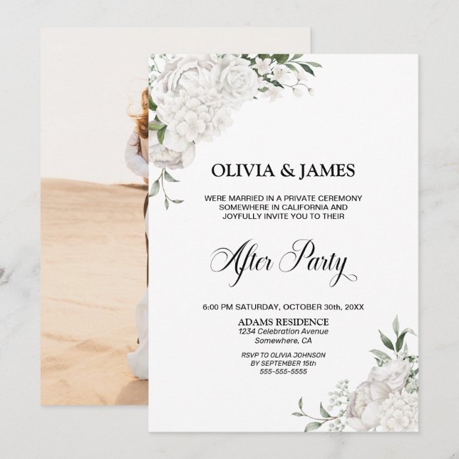 Invitation Mariage floral blanc après la fête (Devant / Derrière)