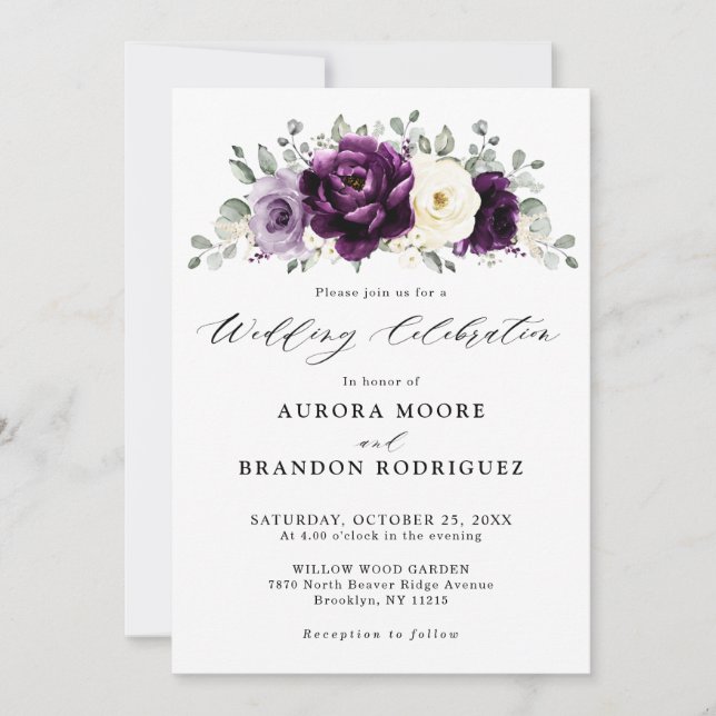 Invitation Mariage floral blanc blanc blanc blanc de prune d' (Devant)