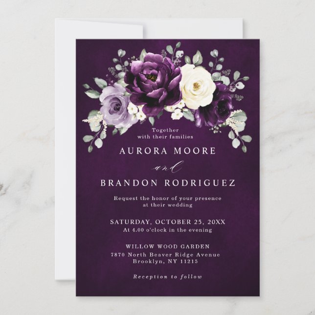 Invitation Mariage floral blanc blanc blanc blanc de prune d' (Devant)