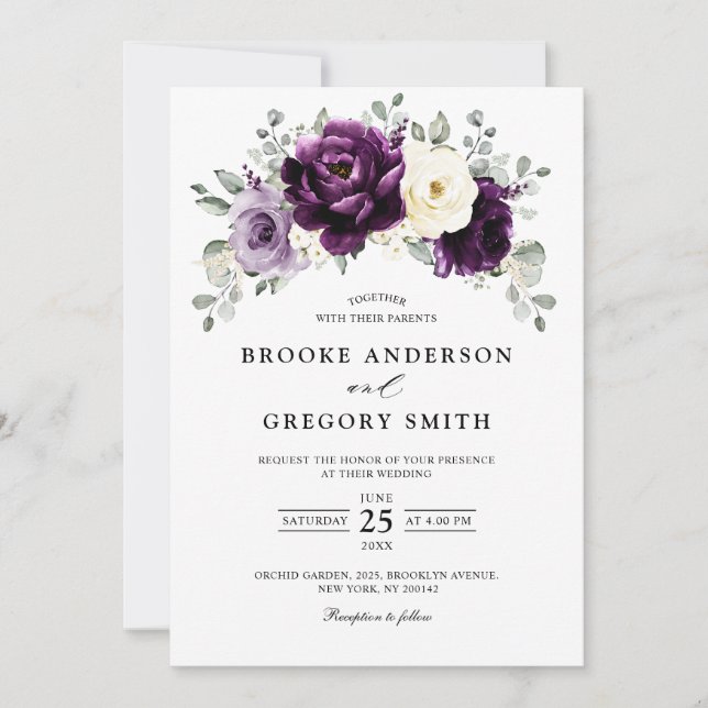 Invitation Mariage floral blanc blanc blanc blanc de prune d' (Devant)