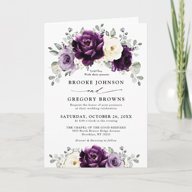 Invitation Mariage floral blanc blanc blanc blanc de prune d' (Devant)