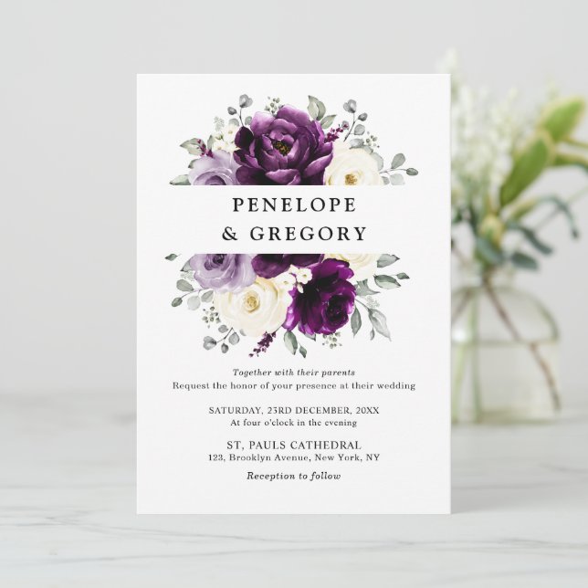 Invitation Mariage floral blanc blanc blanc blanc de prune d' (Debout devant)